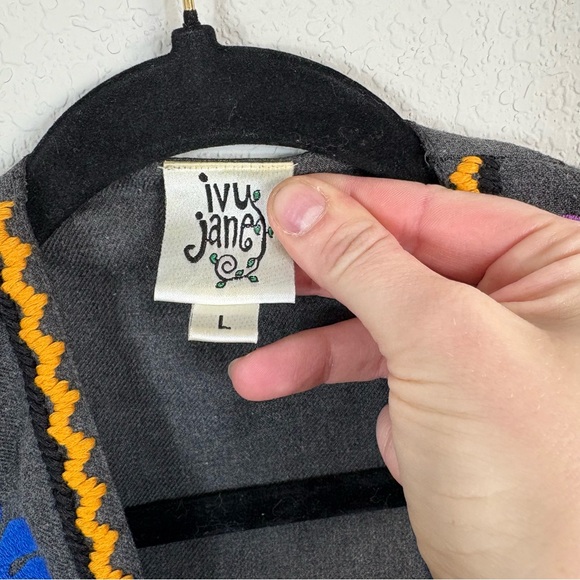 Ivy Jane Size L Embroidered Gray Longline Jacket Boho Folk Floral Appliqué Coat - Picture 4 of 6